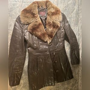 Vakko Authentic Leather Real Fur Collar Jacket Women Brown XS Hip Length